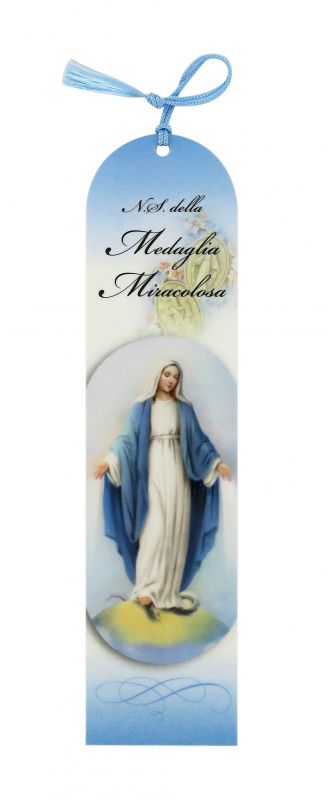 segnalibro della madonna miracolosa a forma di cupola con fiocchetto azzurro - 5,5 x 22,5 cm 