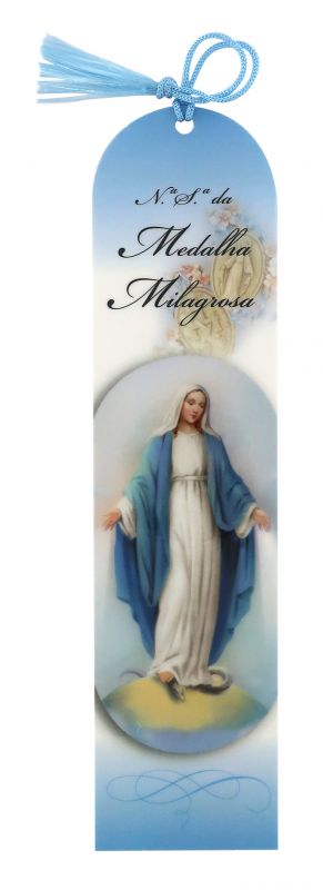 segnalibro della madonna miracolosa a forma di cupola con fiocchetto azzurro - 5,5 x 22,5 cm - portoghese