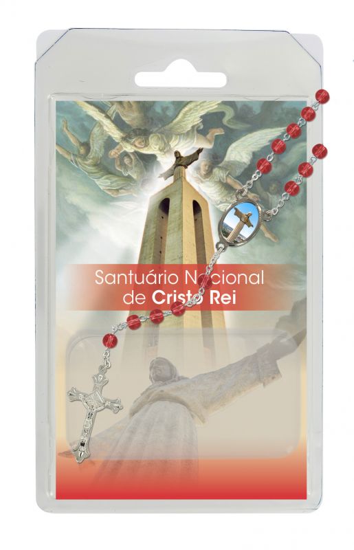 rosario semicristallo rosso santuario cristo rei con preghiera in portoghese