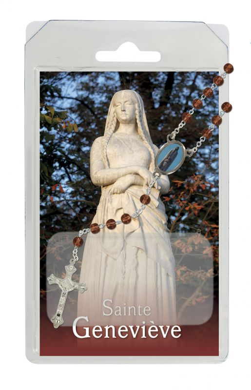 rosario semicristallo marrone santa genoveffa con preghiera in francese