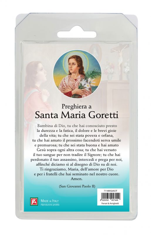 rosario di santa maria goretti in semicristallo acquamarina, in blister trasparente con preghiera in italiano
