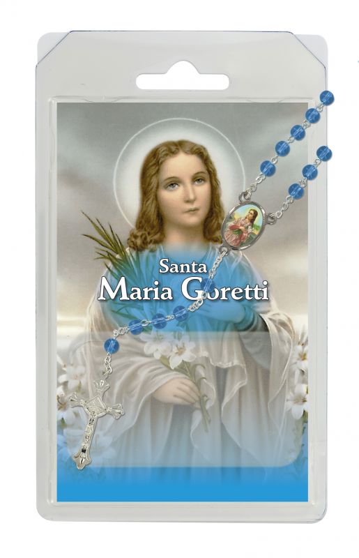 rosario di santa maria goretti in semicristallo azzurro, in blister trasparente con preghiera in italiano