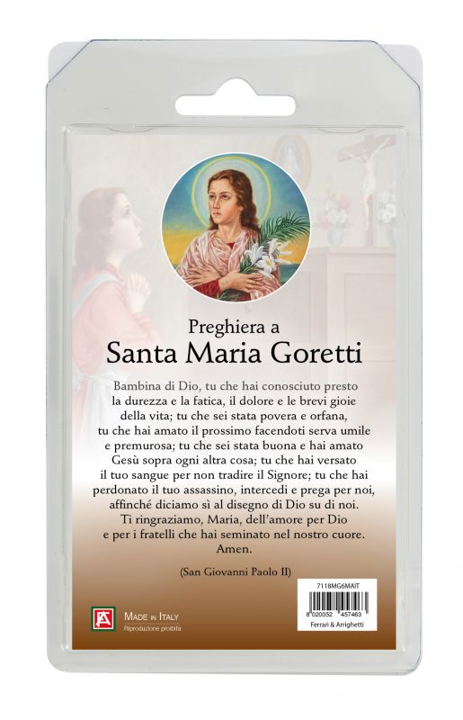 rosario di santa maria goretti in semicristallo marrone, in blister trasparente con preghiera in italiano