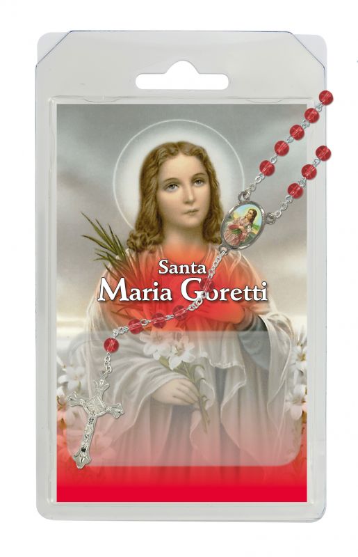 rosario di santa maria goretti in semicristallo rosso, in blister trasparente con preghiera in italiano