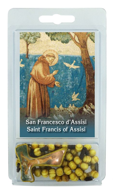 rosario in legno con tau resinata e preghiera semplice di san francesco d'assisi