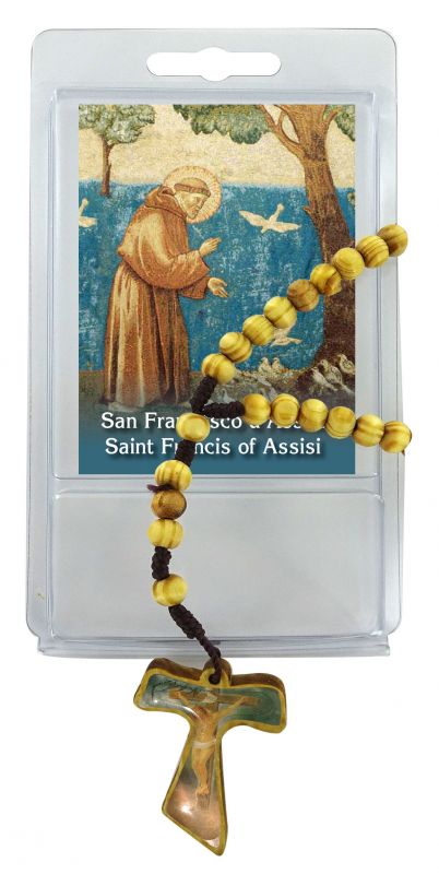 rosario in legno con tau resinata e preghiera semplice di san francesco d'assisi