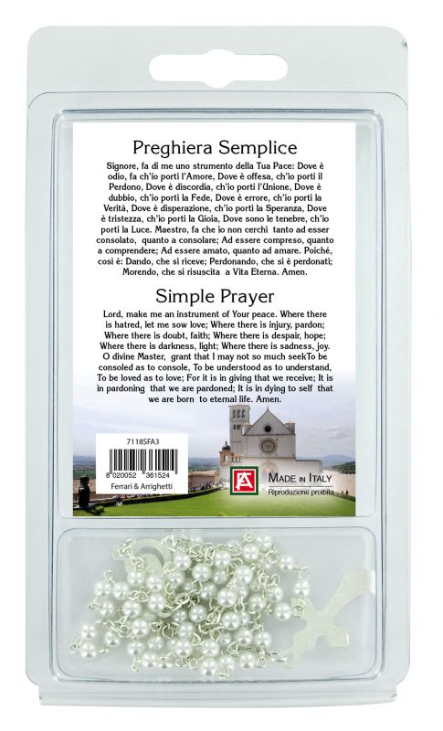 rosario perlina bianca con preghiera semplice di san francesco d'assisi