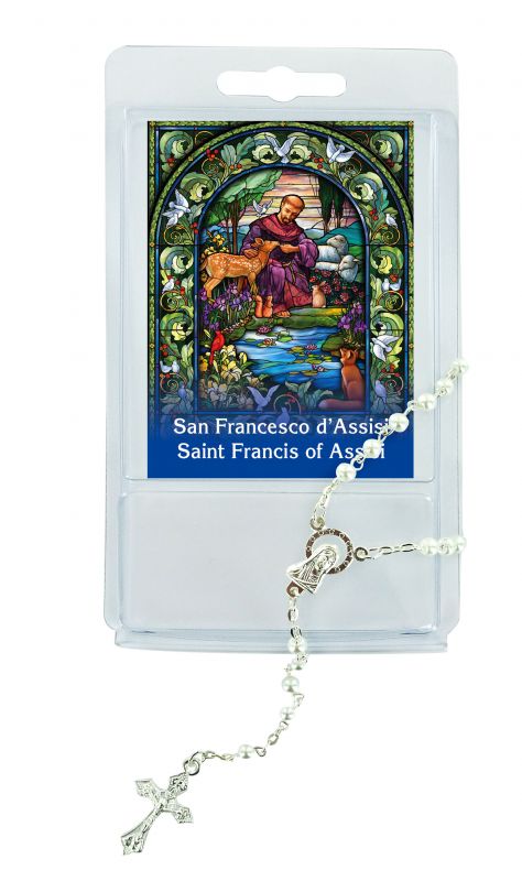 rosario perlina bianca con preghiera semplice di san francesco d'assisi