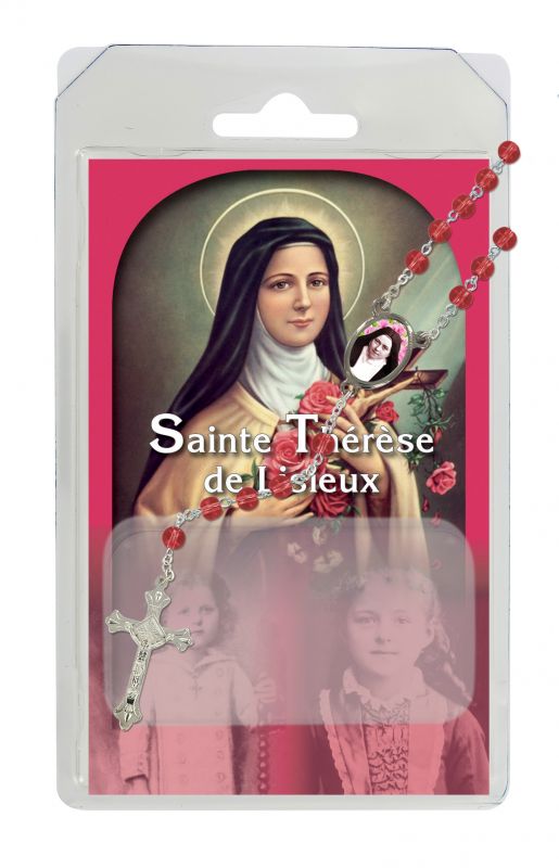 rosario semicristallo rosso santa teresa di lisieux con preghiera in francese