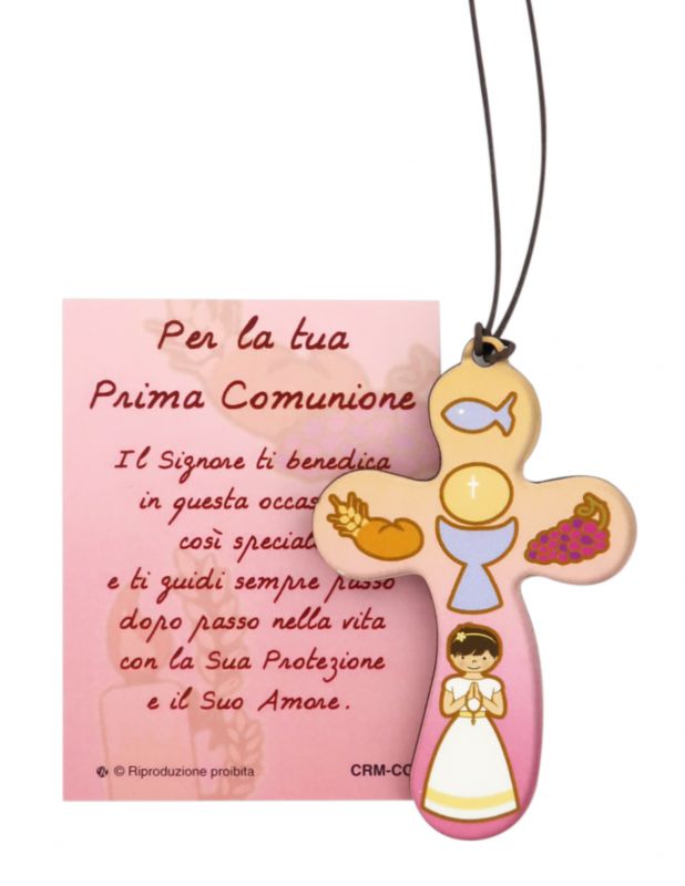 croce eucaristia per bambina con laccio e  preghiera in italiano