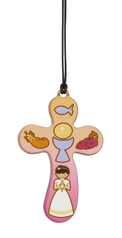 croce eucaristia per bambina con laccio e  preghiera in portoghese