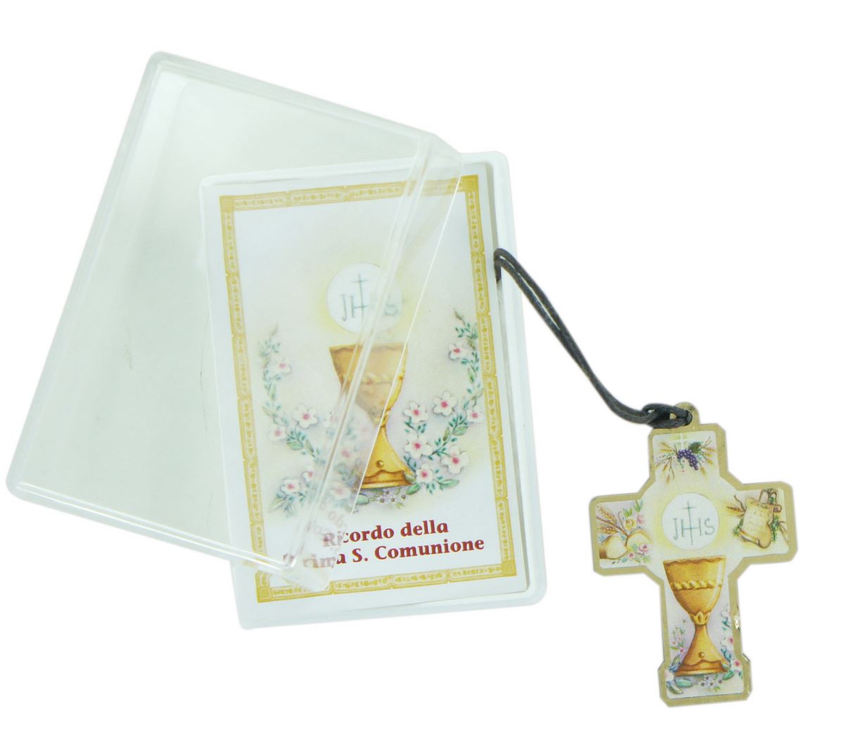 bomboniera comunione bambino/bambina: croce in legno con scatola in italiano - 3,5 cm