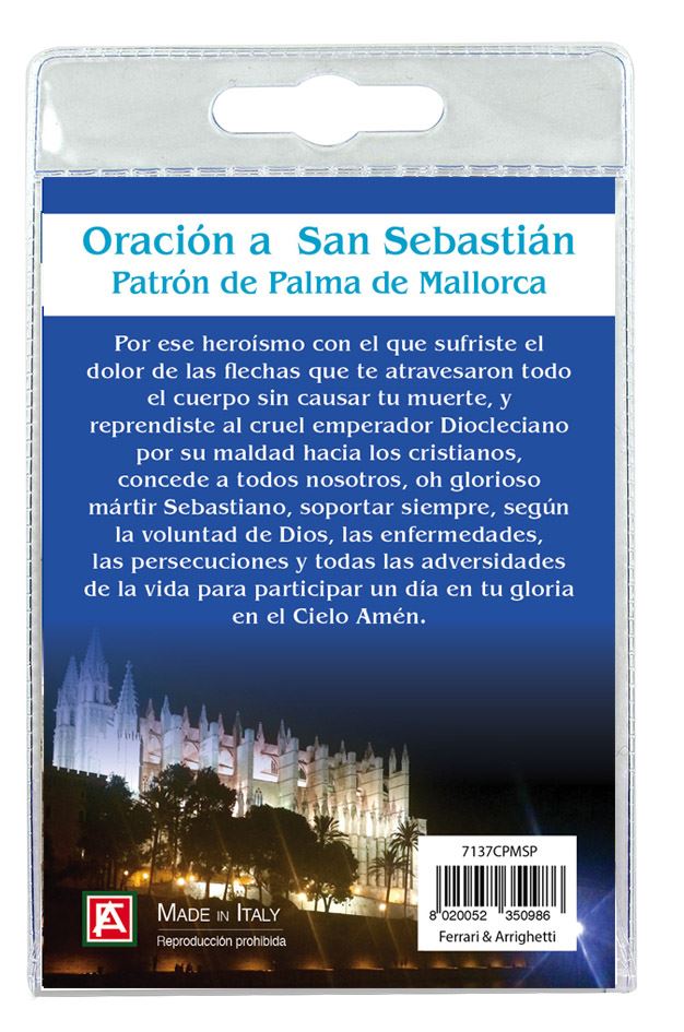 medaglia san sebastiano (cattedrale palma maiorca) con laccio e preghiera in spagnolo