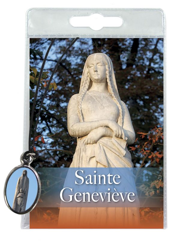 medaglia santa genoveffa con laccio e preghiera in francese
