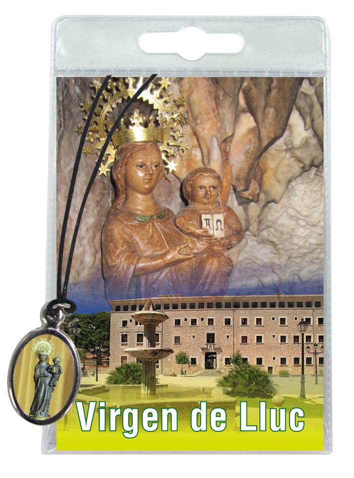 medaglia madonna di lluc con laccio e preghiera in spagnolo