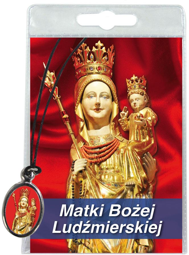 medaglia madonna di ludzmierz con laccio e preghiera in polacco