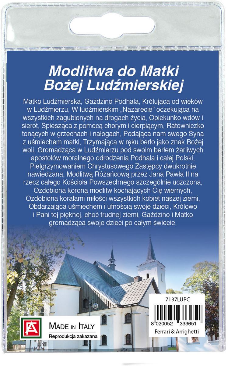 medaglia madonna di ludzmierz con laccio e preghiera in polacco