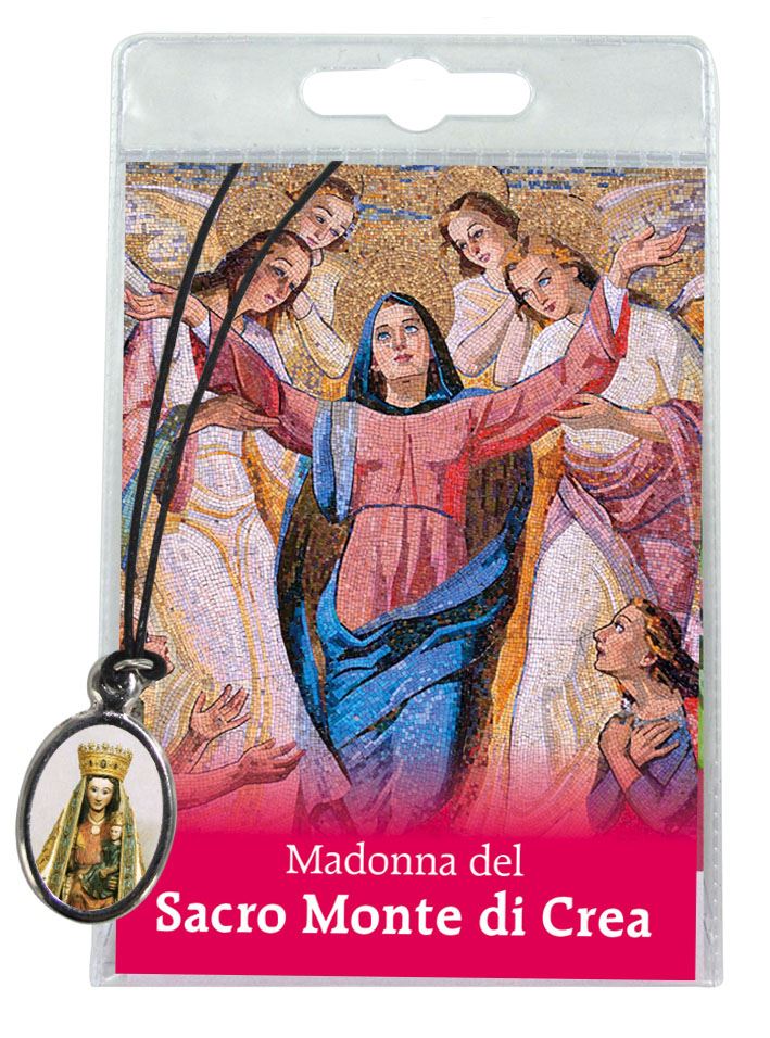 medaglia madonna del sacro monte di crea con laccio e preghiera in italiano