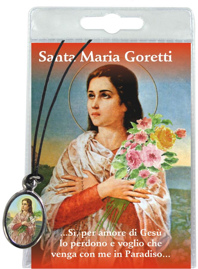 medaglia di santa maria goretti con cordino, in blister trasparente con preghiera, testi in italiano