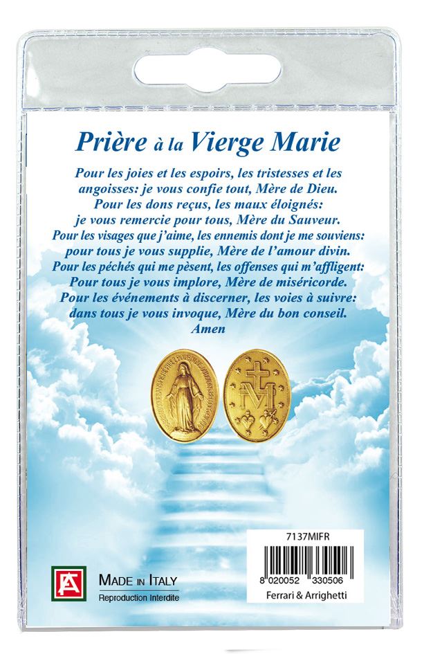 medaglia miracolosa con laccio in blister con preghiera in francese