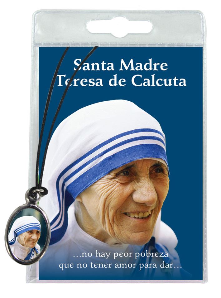medaglia santa madre teresa di calcutta con laccio e preghiera in spagnolo