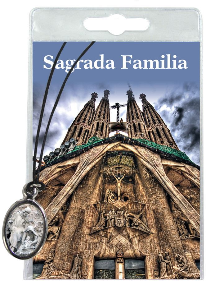 medaglia sagrada familia (barcelona) con laccio e preghiera in spagnolo