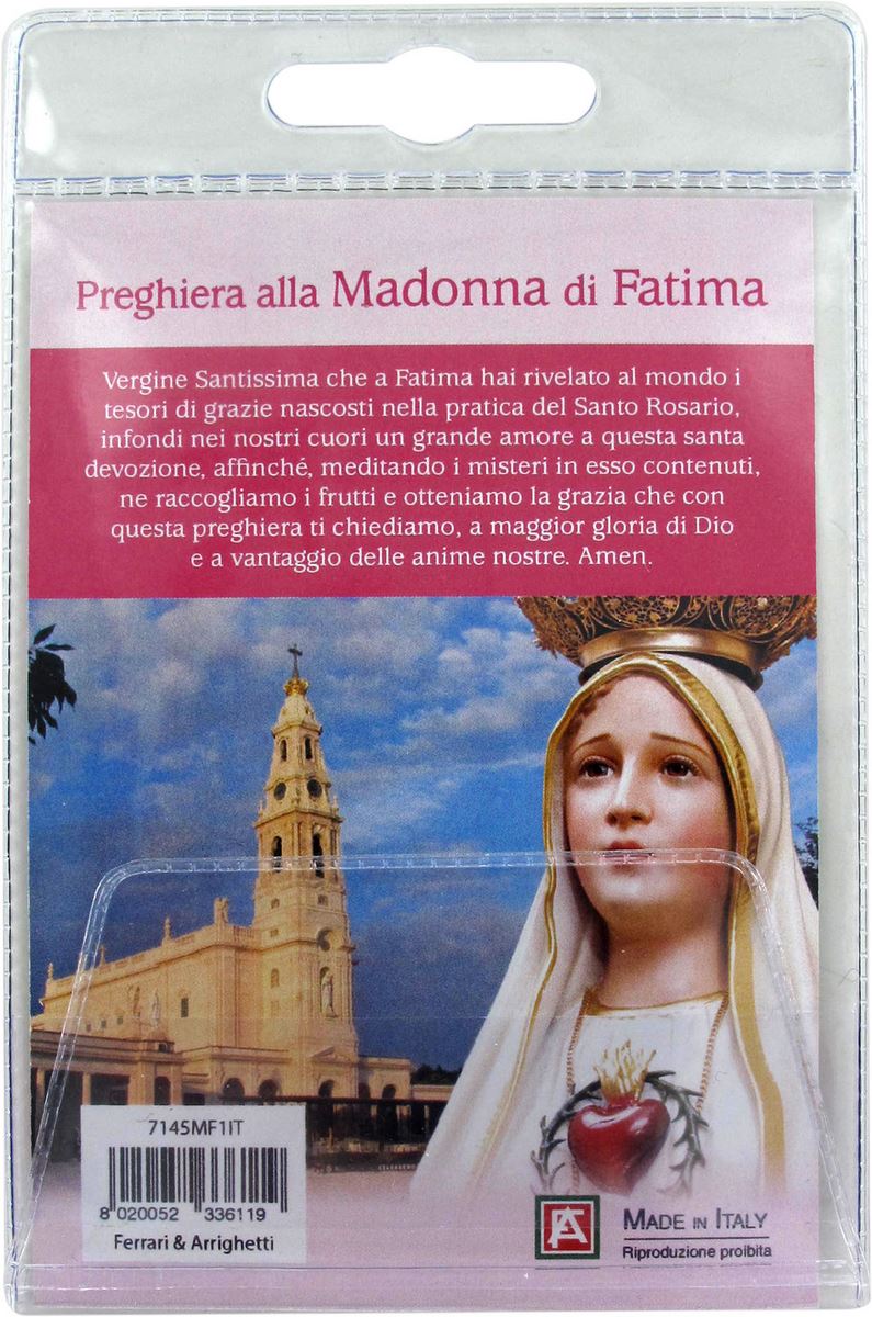 calamita madonna di fatima in metallo nichelato con preghiera in italiano