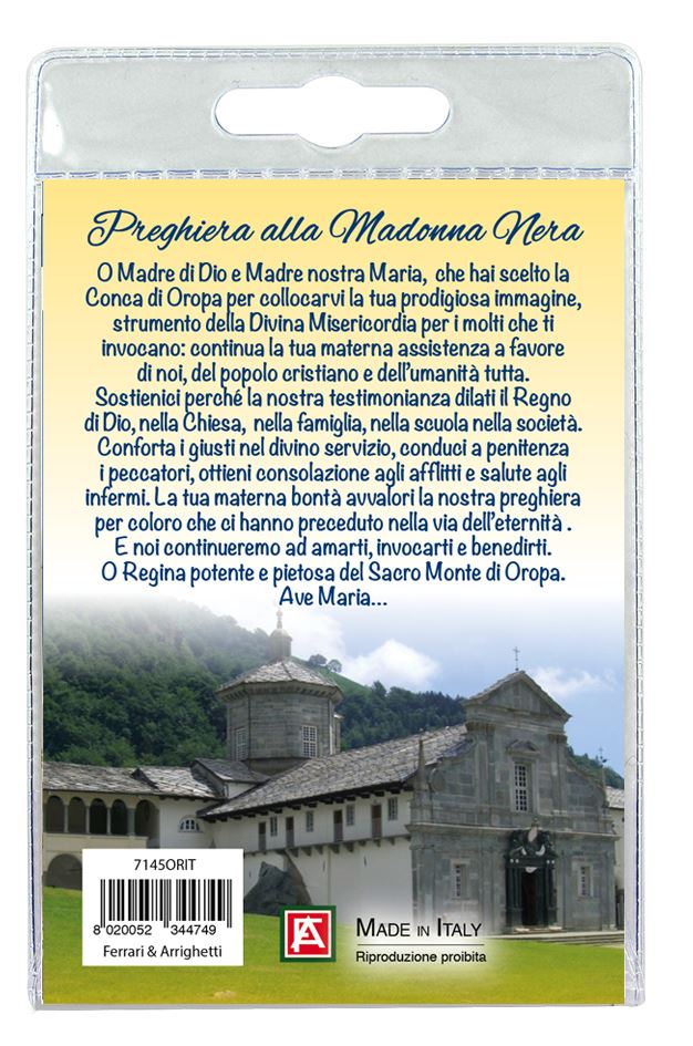 calamita santuario di oropa in metallo nichelato con preghiera in italiano