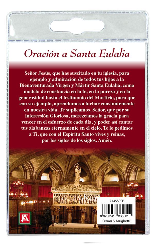 calamita santa eulalia in metallo nichelato con preghiera in spagnolo