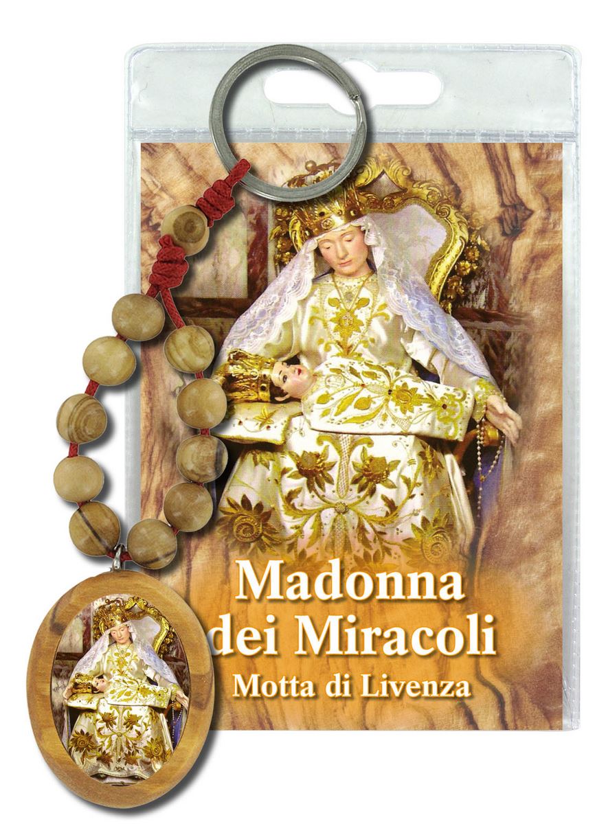 portachiavi madonna dei miracoli con decina in ulivo e preghiera in italiano
