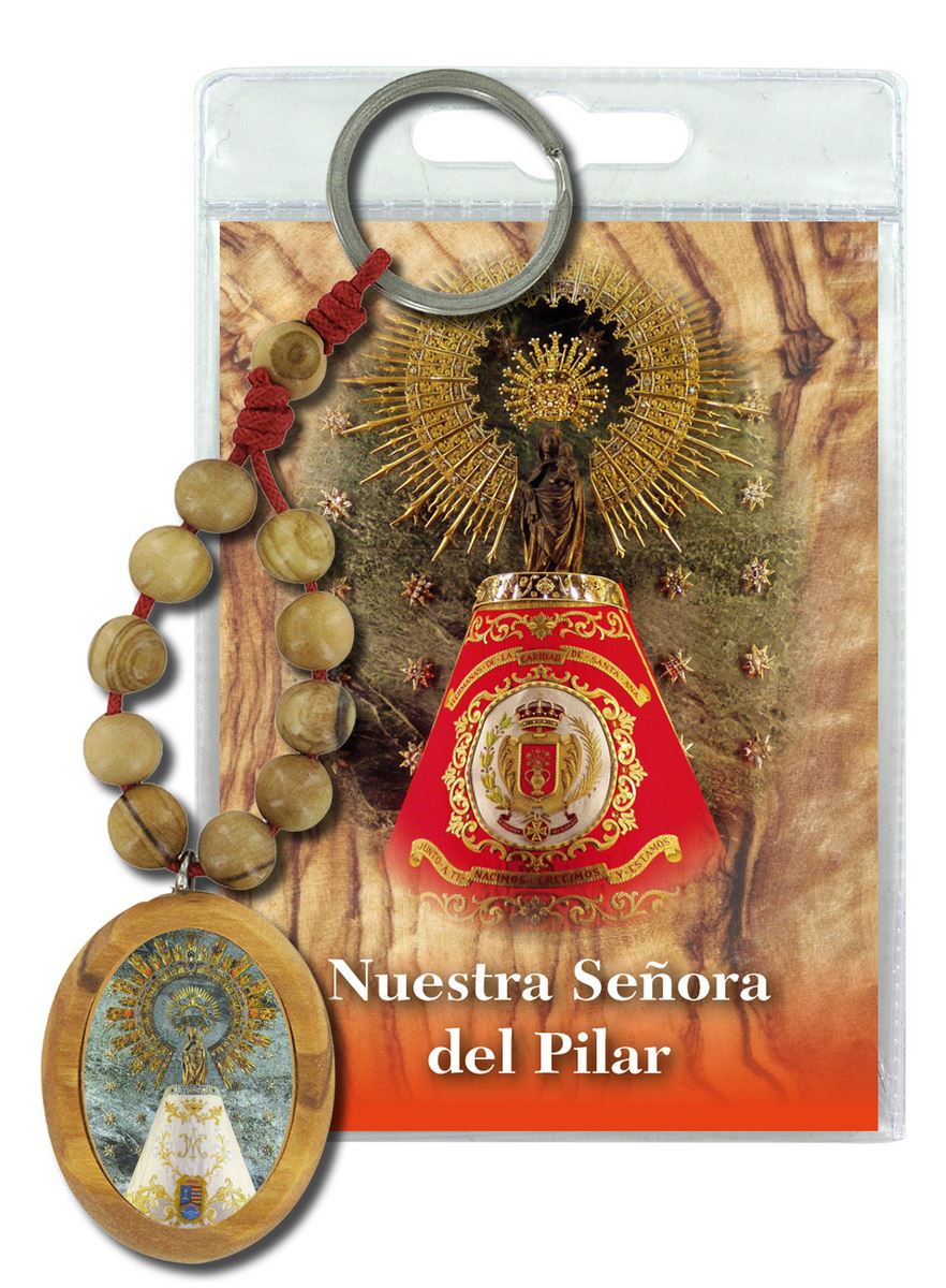 portachiavi madonna del pilar con decina in ulivo e preghiera in spagnolo