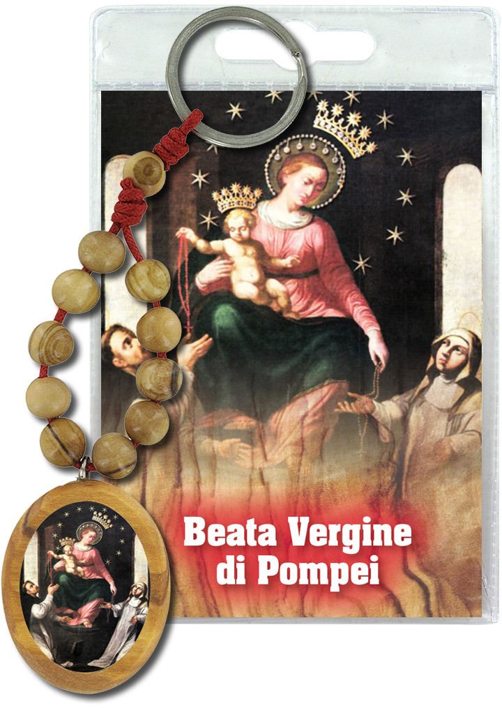 portachiavi madonna di pompei con decina in ulivo e preghiera in italiano
