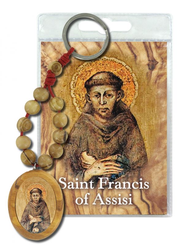 portachiavi sant francesco d'assisi con decina in ulivo e preghiera in inglese
