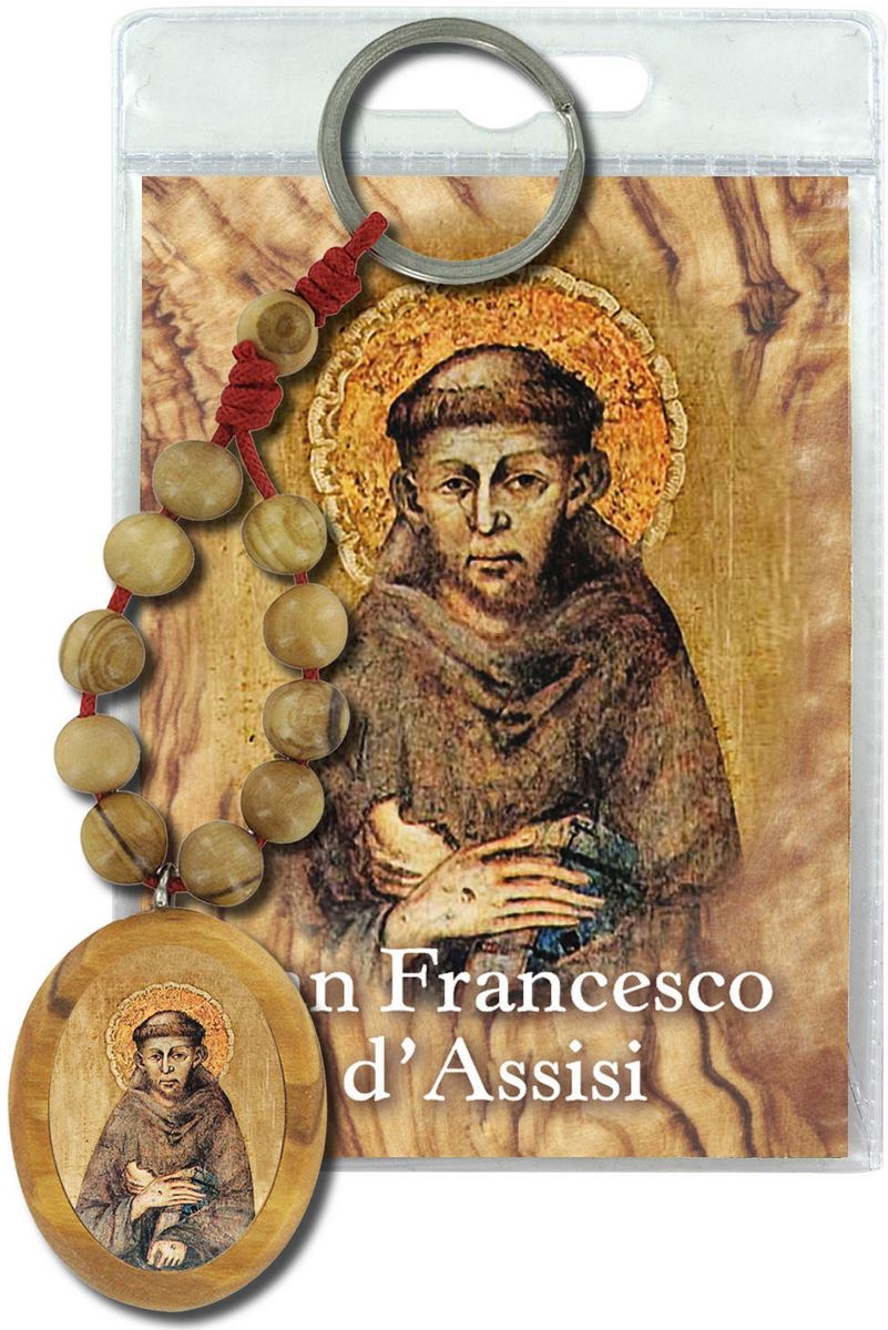 portachiavi san francesco d'assisi con decina in ulivo e preghiera in italiano