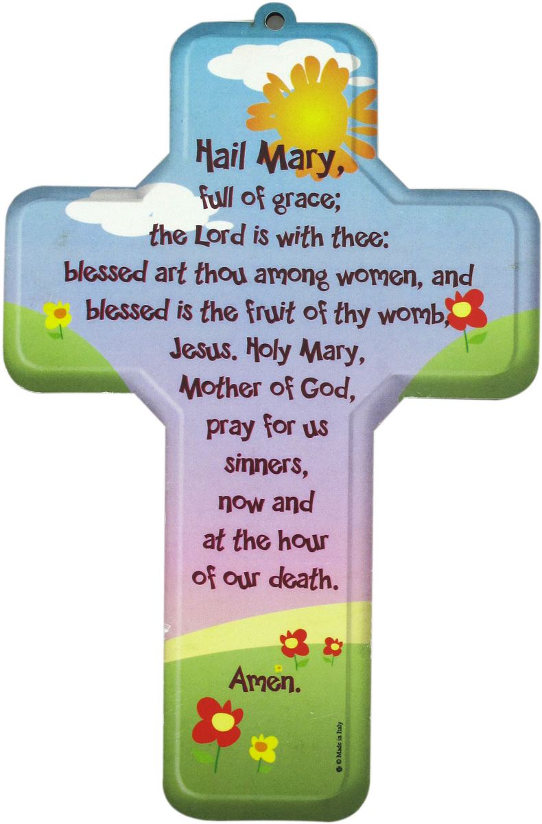 crocifisso per bambini con la preghiera dell'ave maria in inglese - 12 x 18 cm