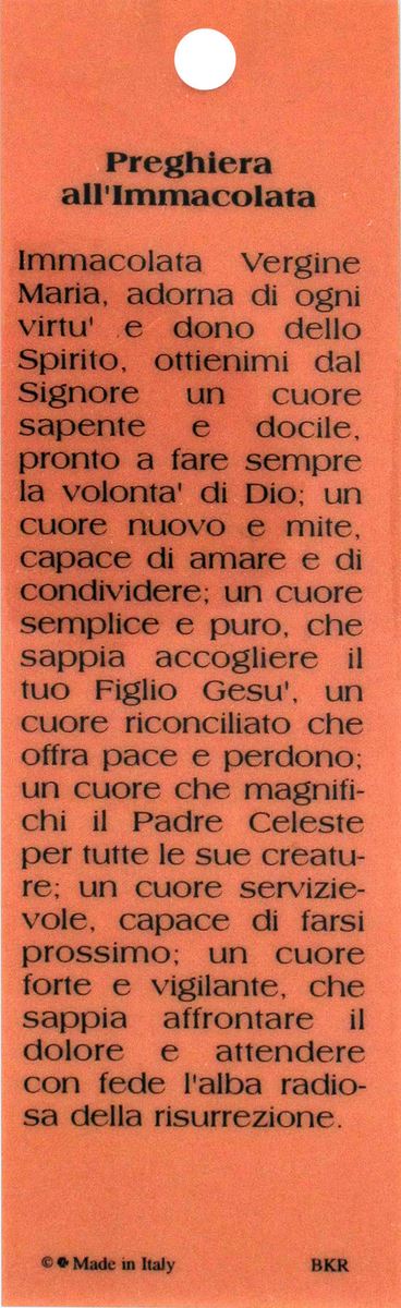 stock: segnalibro in pvc cm 3,8x12,7 con resina della madonna miracolosa e preghiera - italiano