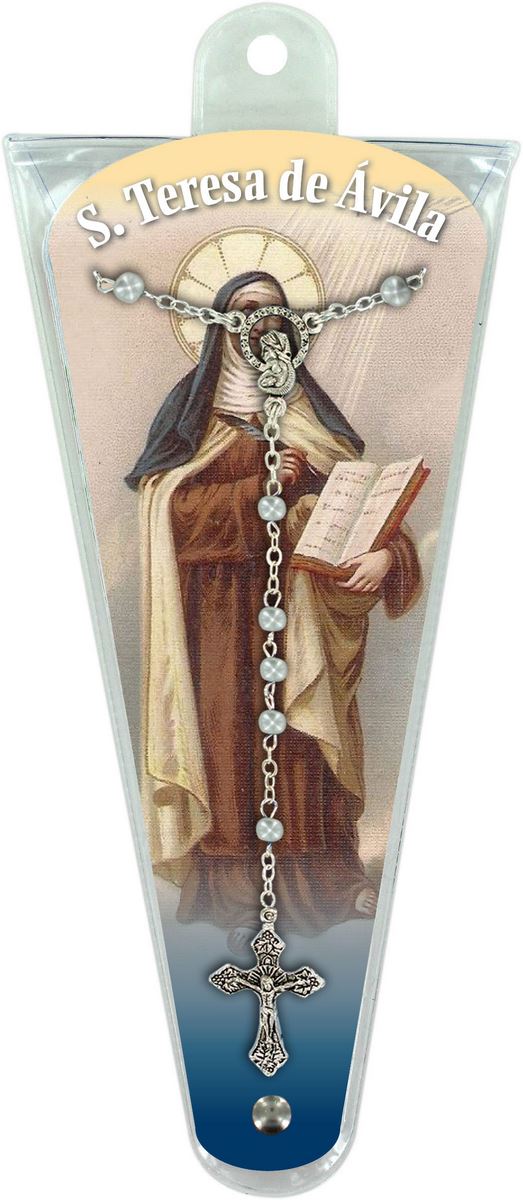ventaglio misteri del rosario santa teresa avila in spagnolo con rosario - altezza di 17,5 cm