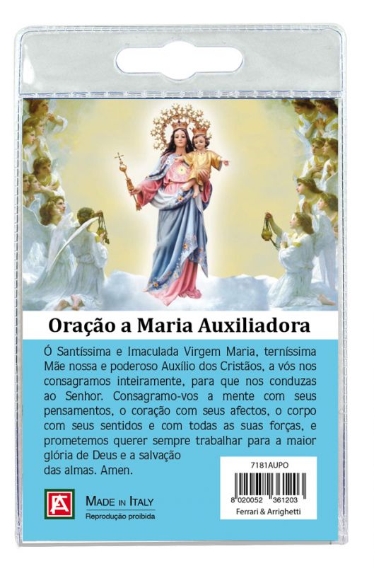 portachiavi angelo madonna ausiliatrice con preghiera in portoghese