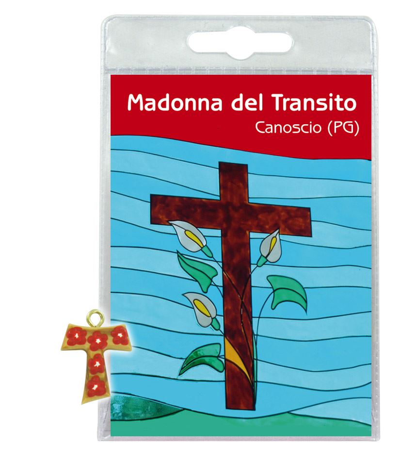 blister (b) madonna del transito con croce tau in ulivo e fiori - italiano