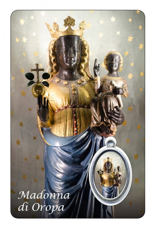 card madonna del santuario di oropa in pvc con medaglia - 5,5 x 8,5 cm - italiano
