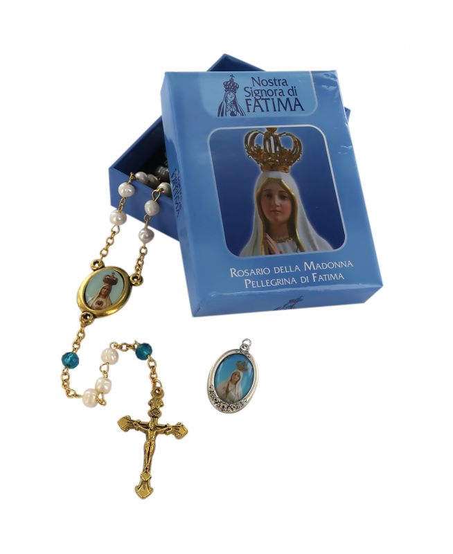 rosario della madonna pellegrina di fátima, con grani a sassolini in vetro effetto perla, Ø 6 mm circa + medaglia/ciondolo