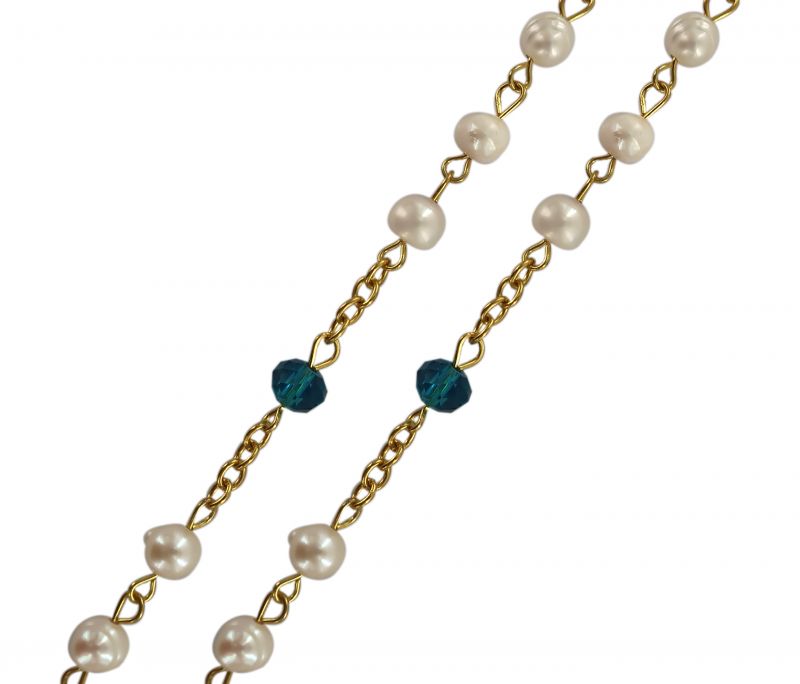 rosario della madonna pellegrina di fátima, con grani a sassolini in vetro effetto perla, Ø 6 mm circa + medaglia/ciondolo