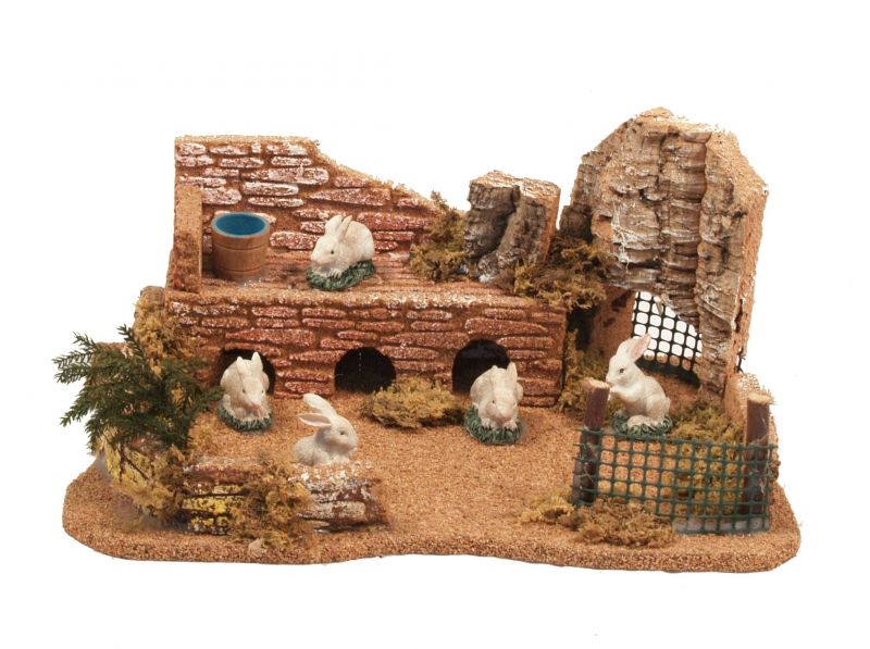 conigli in aia per presepe, recinto conigli in miniatura, legno / plastica / paglia, multicolore, 26 x 18 x 11 cm