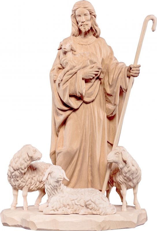 gesù buon pastore con pecore  - demetz - deur - statua in legno naturale. altezza pari a 40 cm.	