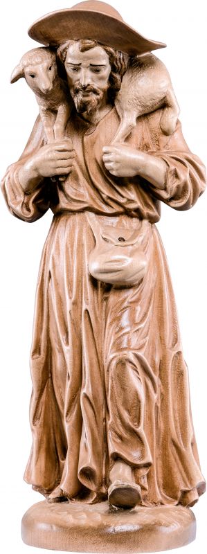 buon pastore - demetz - deur - statua in legno brunito a 3 colori. altezza pari a 25 cm.