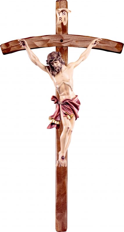 crocifisso cristo delle alpi rosso con croce pastorale - demetz - deur - statua in legno dipinta a mano. altezza pari a 110 cm.