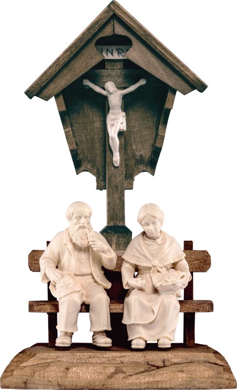 crocifisso con coppia di nonni - demetz - deur - statua in legno dipinta a mano. altezza pari a 18 cm.