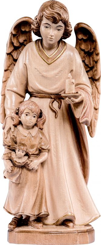 angelo custode con bambina - demetz - deur - statua in legno dipinta a mano. altezza pari a 40 cm.