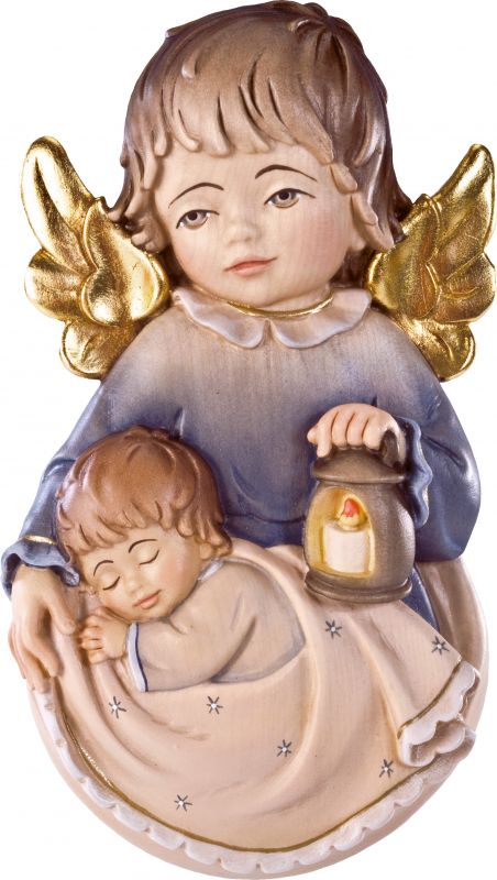 angelo custode pensile con bambino - demetz - deur - statua in legno dipinta a mano. altezza pari a 20 cm.