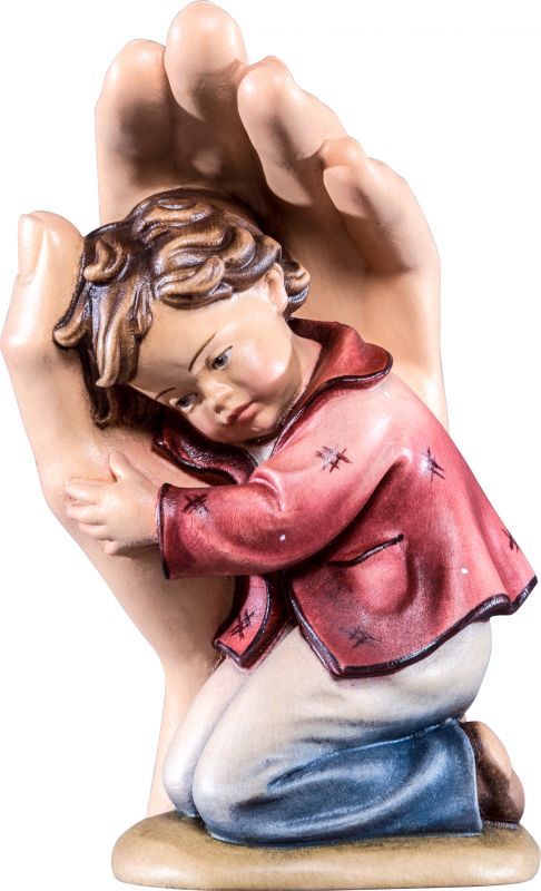 mano protettrice da poggiare con bambino - demetz - deur - statua in legno dipinta a mano. altezza pari a 7 cm.